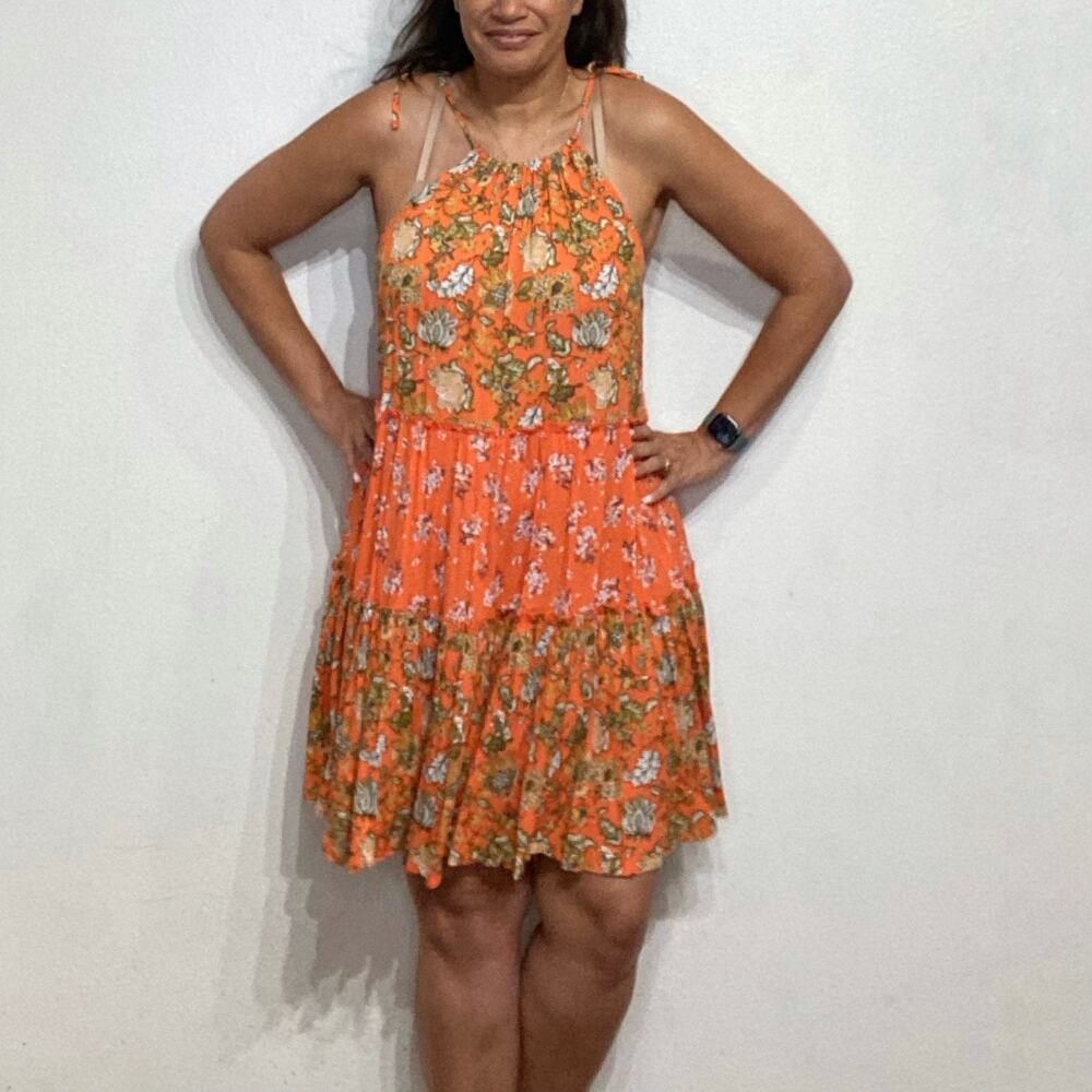 Chelsea & Violet Orange Floral Tiered Midi Shift Dress Sz M